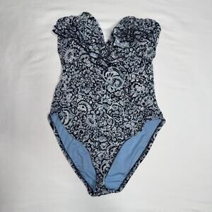 POLO Ralph Lauren Women’s Floral Ruffle One Piece Strapless Swimsuit Blue Small